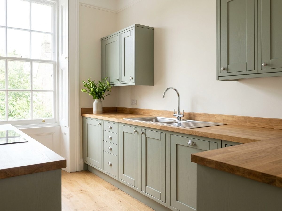 A freshly cleaned kitchen with sage green cupboards and clear worktops