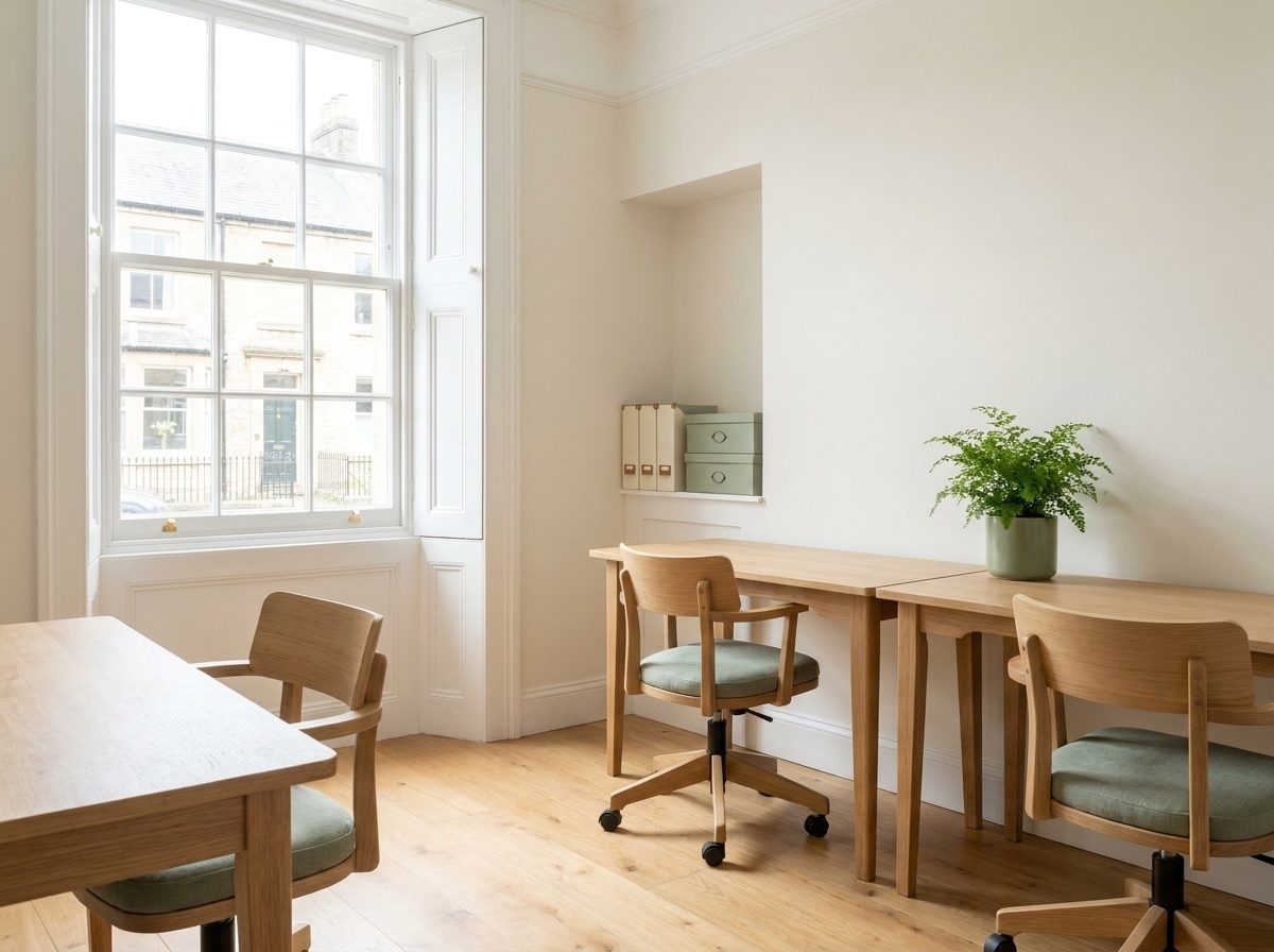 A clean, calm office with tidy oak desks and chairs tucked in